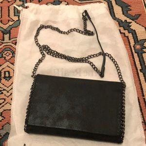 Faux-Leather Black Distressed Convertible Clutch/Wallet/Crossbody Metal Chain